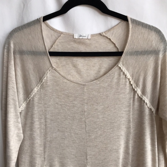 Steezyer semi-sheer cream Boho-style top with lace insets, raw hem, size S - Picture 2 of 7